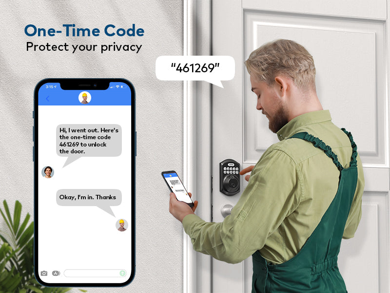 Professional mechanic using a one-time code on a Teeho keyless deadbolt to gain access to a house for repairs.