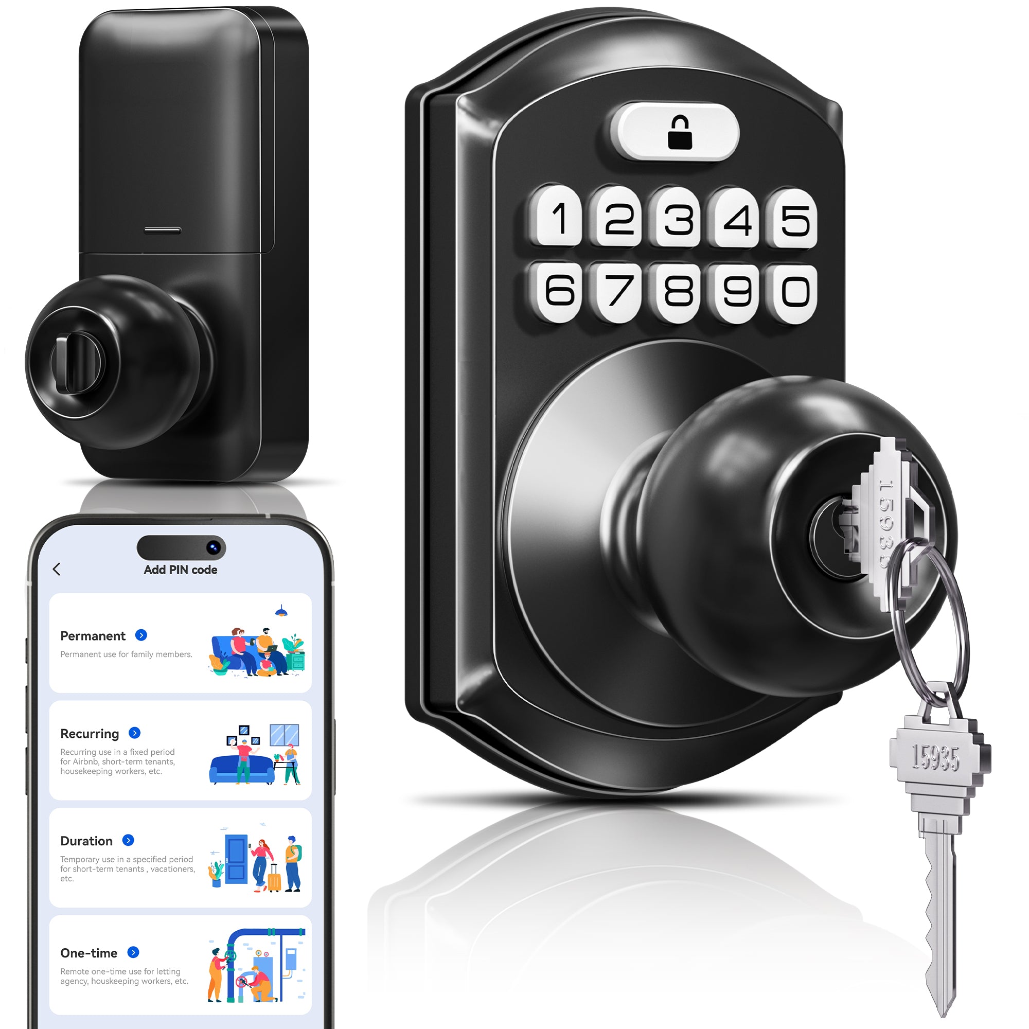 TEEHO TE018 Smart Door Knob with Keypad, App Control, Keyless Entry Digtal Door Lock with Handle, Remote Share One-Time Code, Auto Lock, Easy Installation for Front Door, Bedroom, Rental