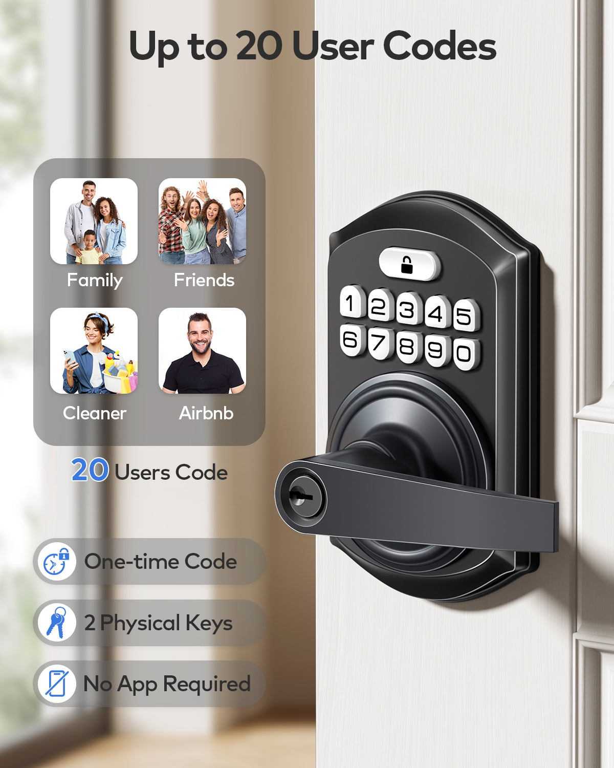 TEEHO TE004 Keyless Entry Keypad Door Lock with Handle - Front Digital Door Electronic Deadbolt with Anti-Peeping, Auto Lock & Passage Mode - Easy Installation