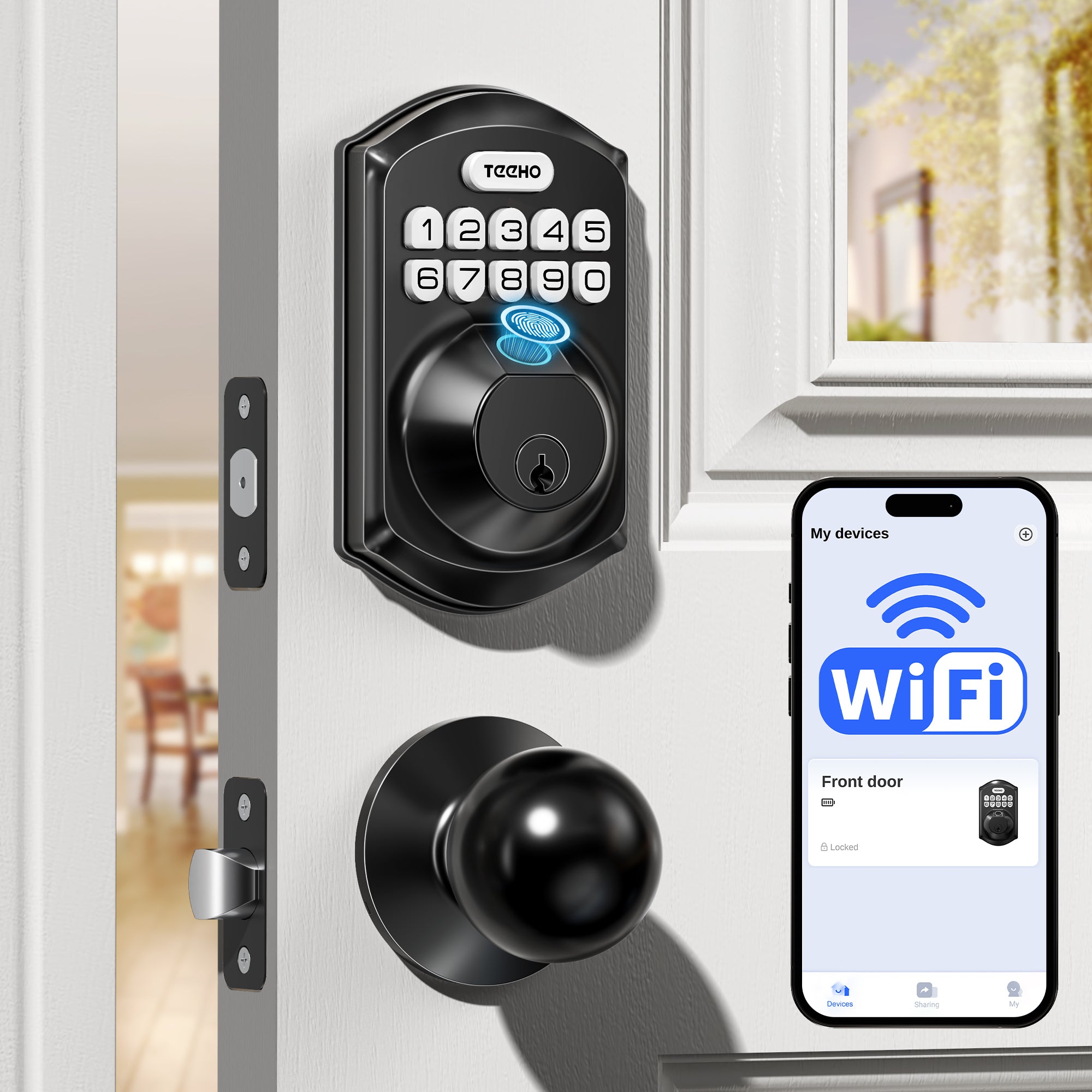TEEHO TE012W-K WiFi Smart Locks for Front Door, Fingerprint Keyless Entry Door Lock with 2 Knobs, Built-in WiFi and App Remote Control, Electronic Keypad Deadbolt with Handle Set