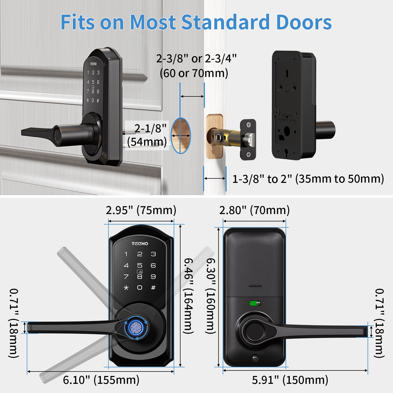 TEEHO TE009 Smart Lock - Keyless Entry Door Lock with Handle - 6-in-1 Fingerprint Smart Door Locks for Front Door