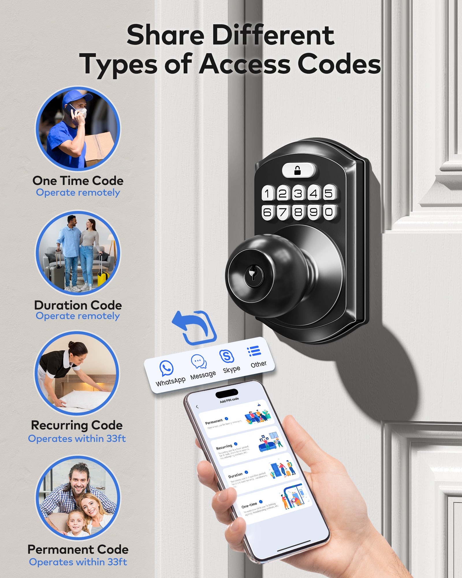 TEEHO TE018 Smart Door Knob with Keypad, App Control, Keyless Entry Digtal Door Lock with Handle, Remote Share One-Time Code, Auto Lock, Easy Installation for Front Door, Bedroom, Rental