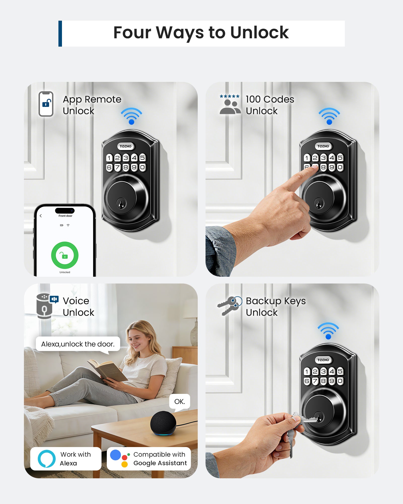 TEEHO TE011W Wi-Fi Keyless Entry Door Lock with Keypad - Smart Deadbolt Lock for Front Door with 2 Keys - Remote Control, Works with Alexa & Google, APP Unlock - Easy Installation