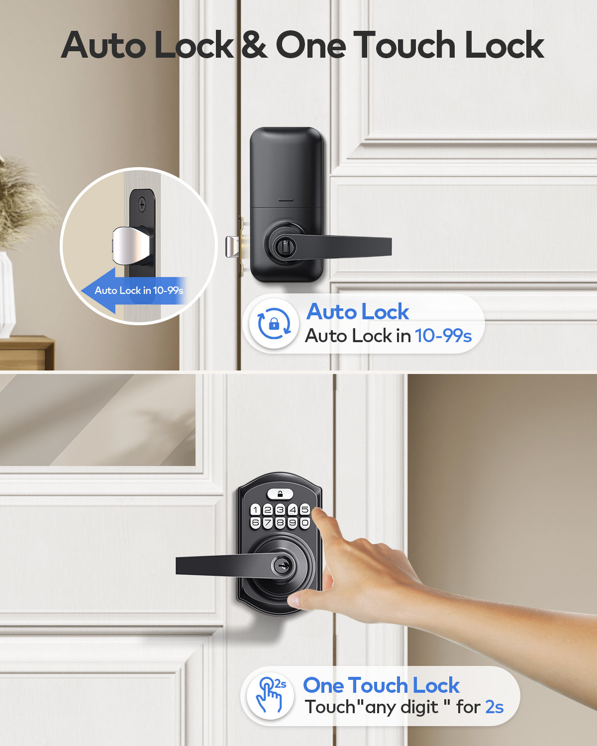 TEEHO TE004 Keyless Entry Keypad Door Lock with Handle - Front Digital Door Electronic Deadbolt with Anti-Peeping, Auto Lock & Passage Mode - Easy Installation