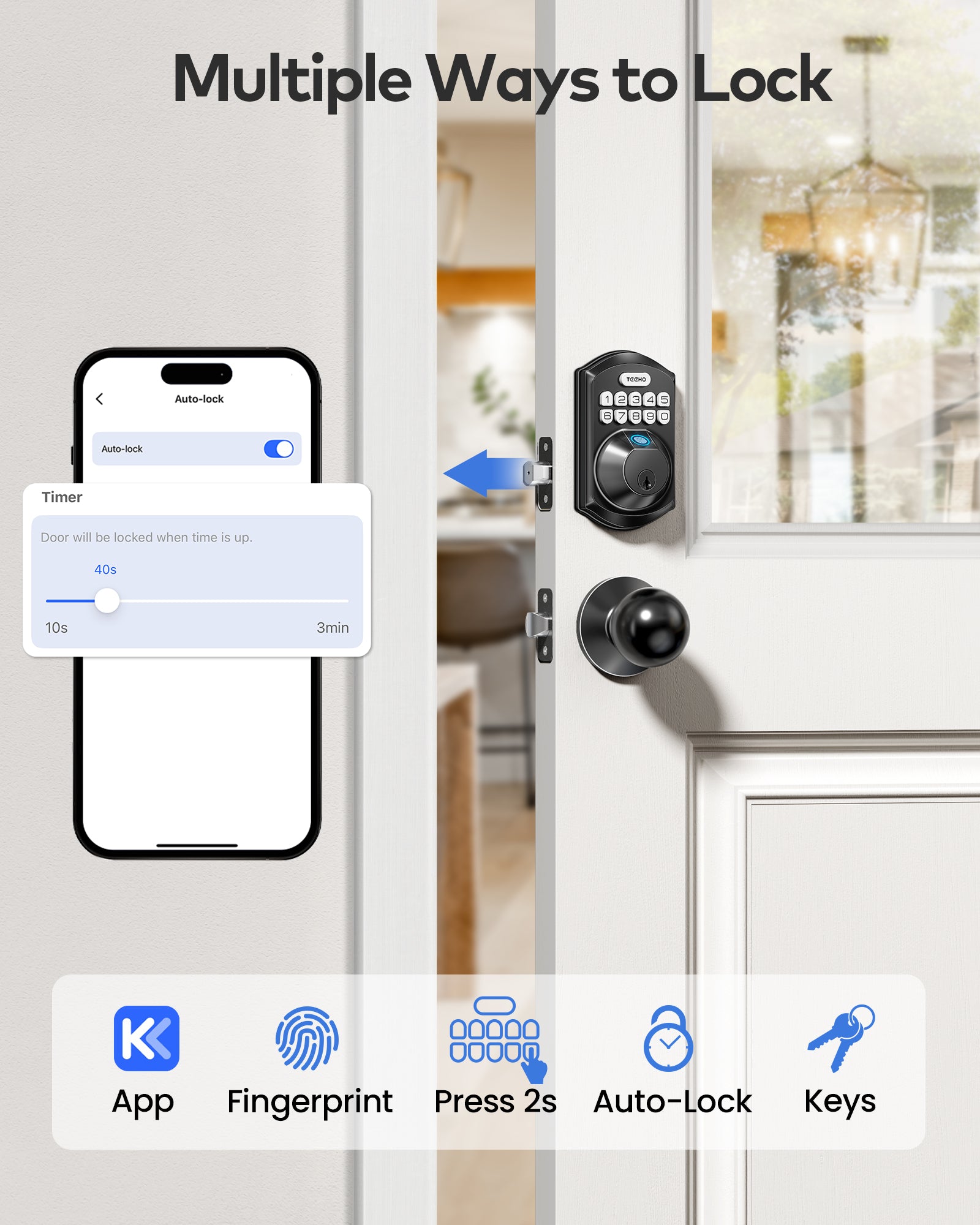 TEEHO TE012W-K WiFi Smart Locks for Front Door, Fingerprint Keyless Entry Door Lock with 2 Knobs, Built-in WiFi and App Remote Control, Electronic Keypad Deadbolt with Handle Set