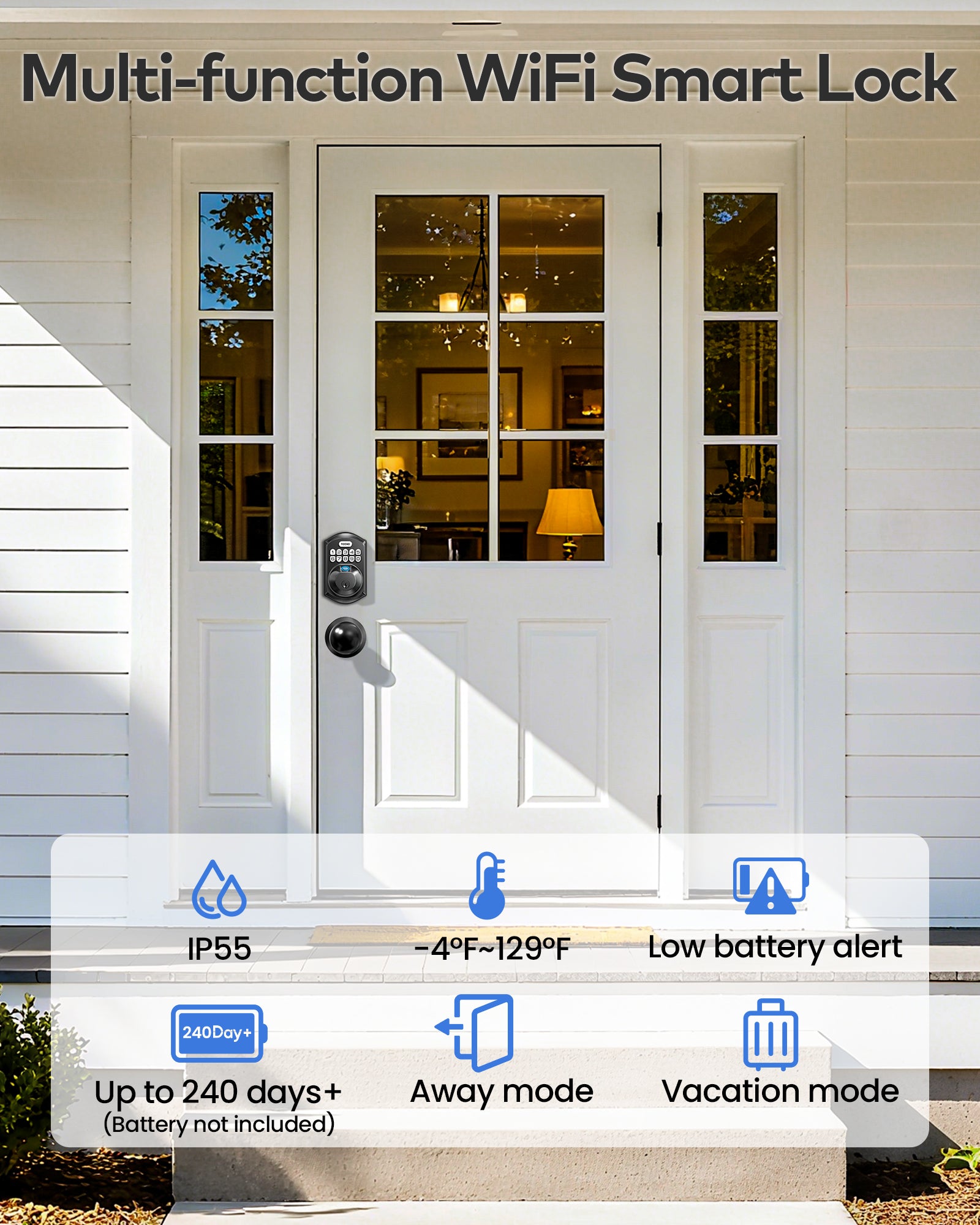 TEEHO TE012W-K WiFi Smart Locks for Front Door, Fingerprint Keyless Entry Door Lock with 2 Knobs, Built-in WiFi and App Remote Control, Electronic Keypad Deadbolt with Handle Set