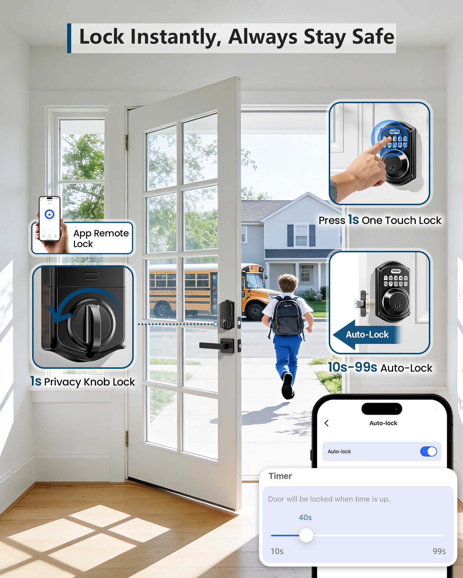 TEEHO TE011W Wi-Fi Keyless Entry Door Lock with Keypad - Smart Deadbolt Lock for Front Door with 2 Keys - Remote Control, Works with Alexa & Google, APP Unlock - Easy Installation