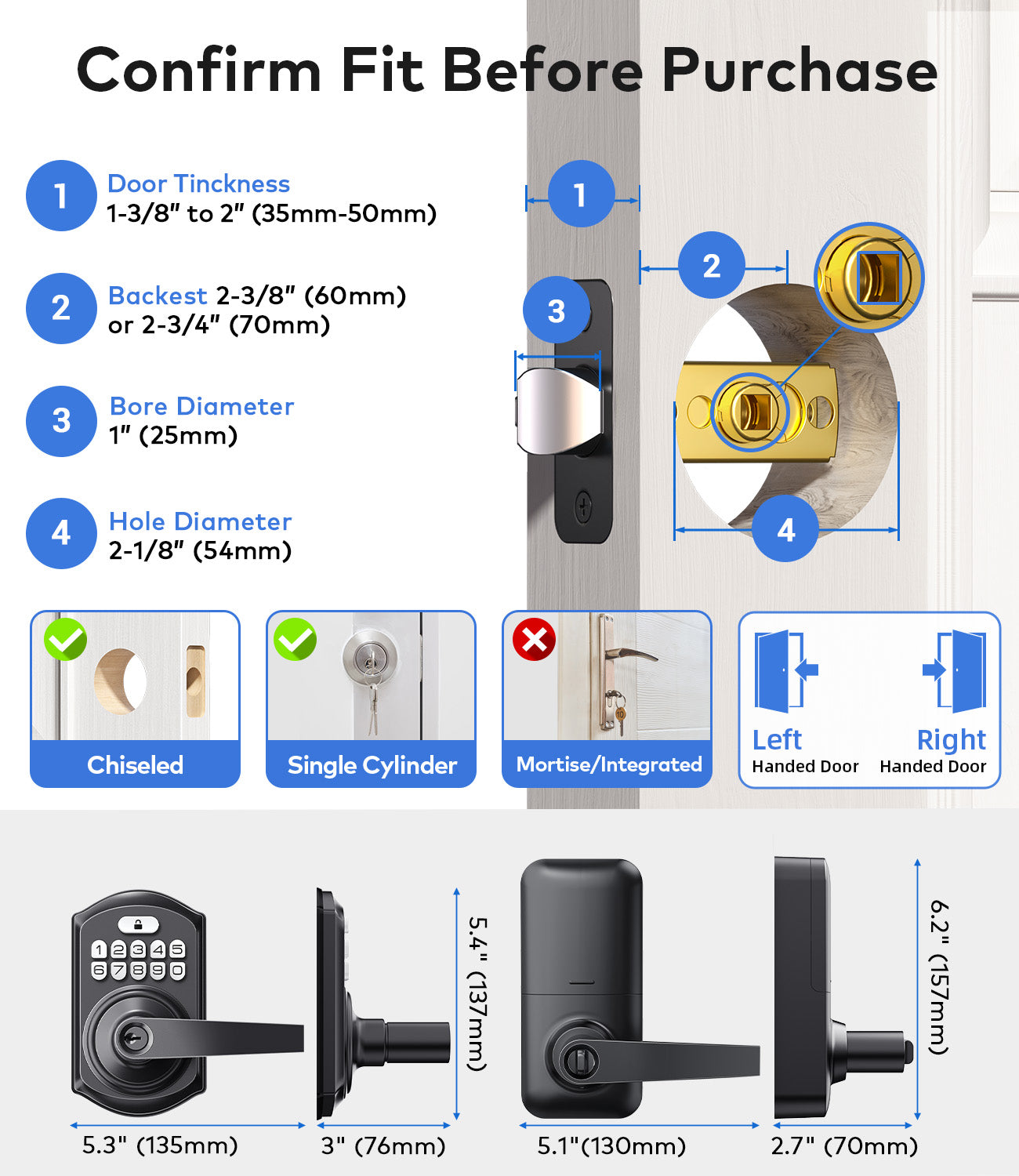 TEEHO TE019 Smart Keyless Entry Door Lock with Handle, App Control, Digital Electronic Keypad, Remote One-Time Code Sharing, Auto Lock & Passage Mode, for Bedroom & Rental