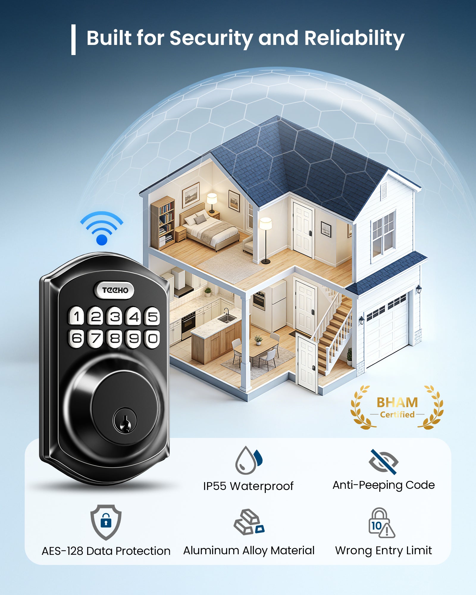 TEEHO TE011W Wi-Fi Keyless Entry Door Lock with Keypad - Smart Deadbolt Lock for Front Door with 2 Keys - Remote Control, Works with Alexa & Google, APP Unlock - Easy Installation