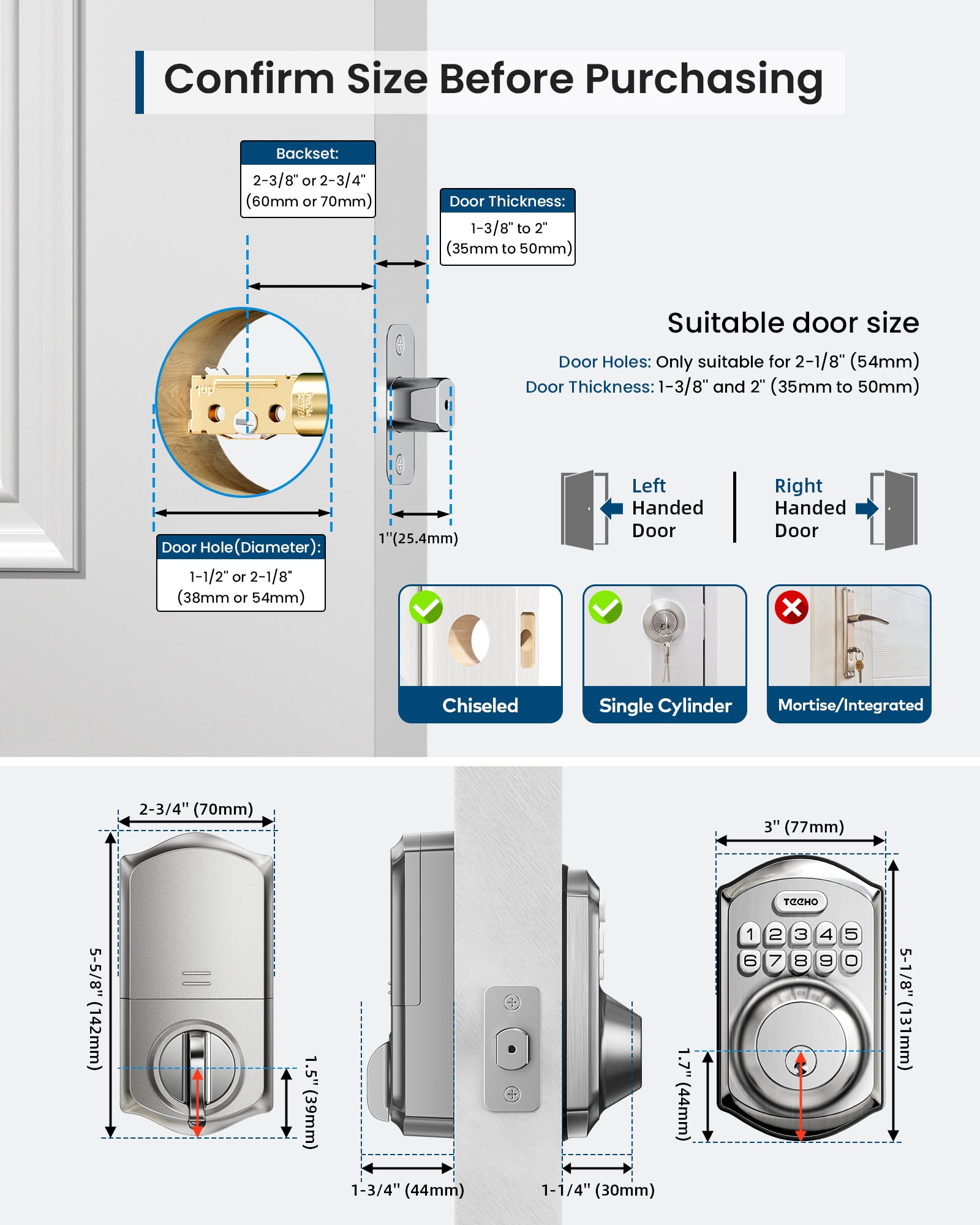 TEEHO TE011W Wi-Fi Keyless Entry Door Lock with Keypad - Smart Deadbolt Lock for Front Door with 2 Keys - Remote Control, Compatible with Alexa & Google, APP Unlock - Easy Installation - Satin Nickel