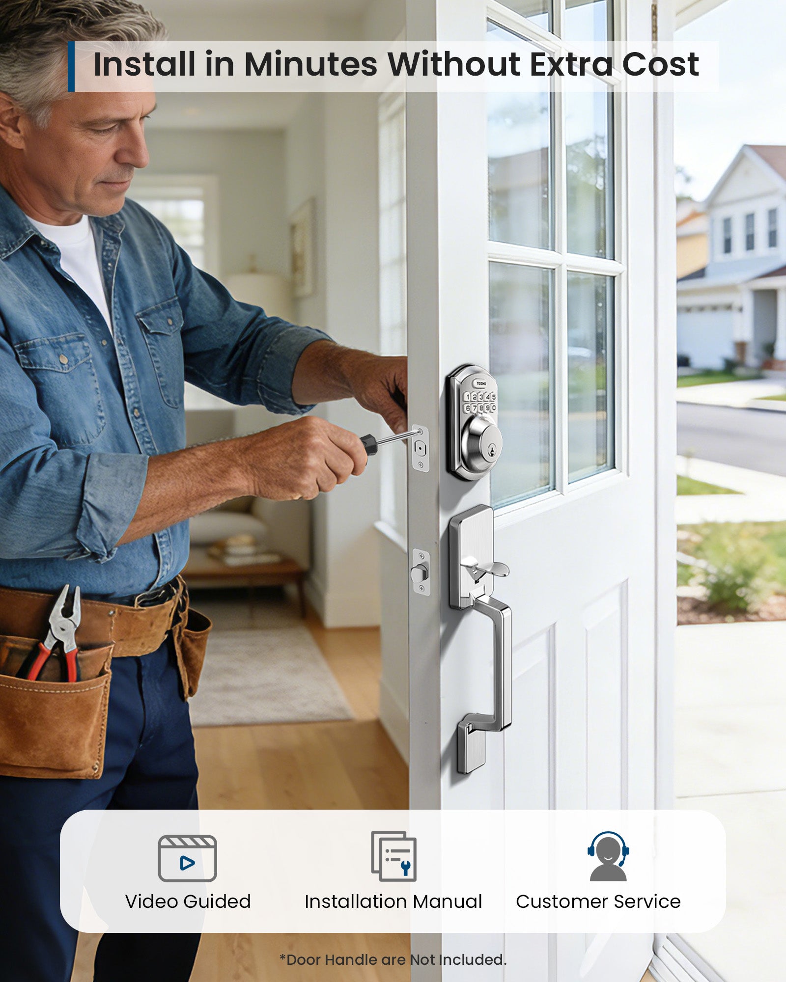TEEHO TE011W Wi-Fi Keyless Entry Door Lock with Keypad - Smart Deadbolt Lock for Front Door with 2 Keys - Remote Control, Compatible with Alexa & Google, APP Unlock - Easy Installation - Satin Nickel