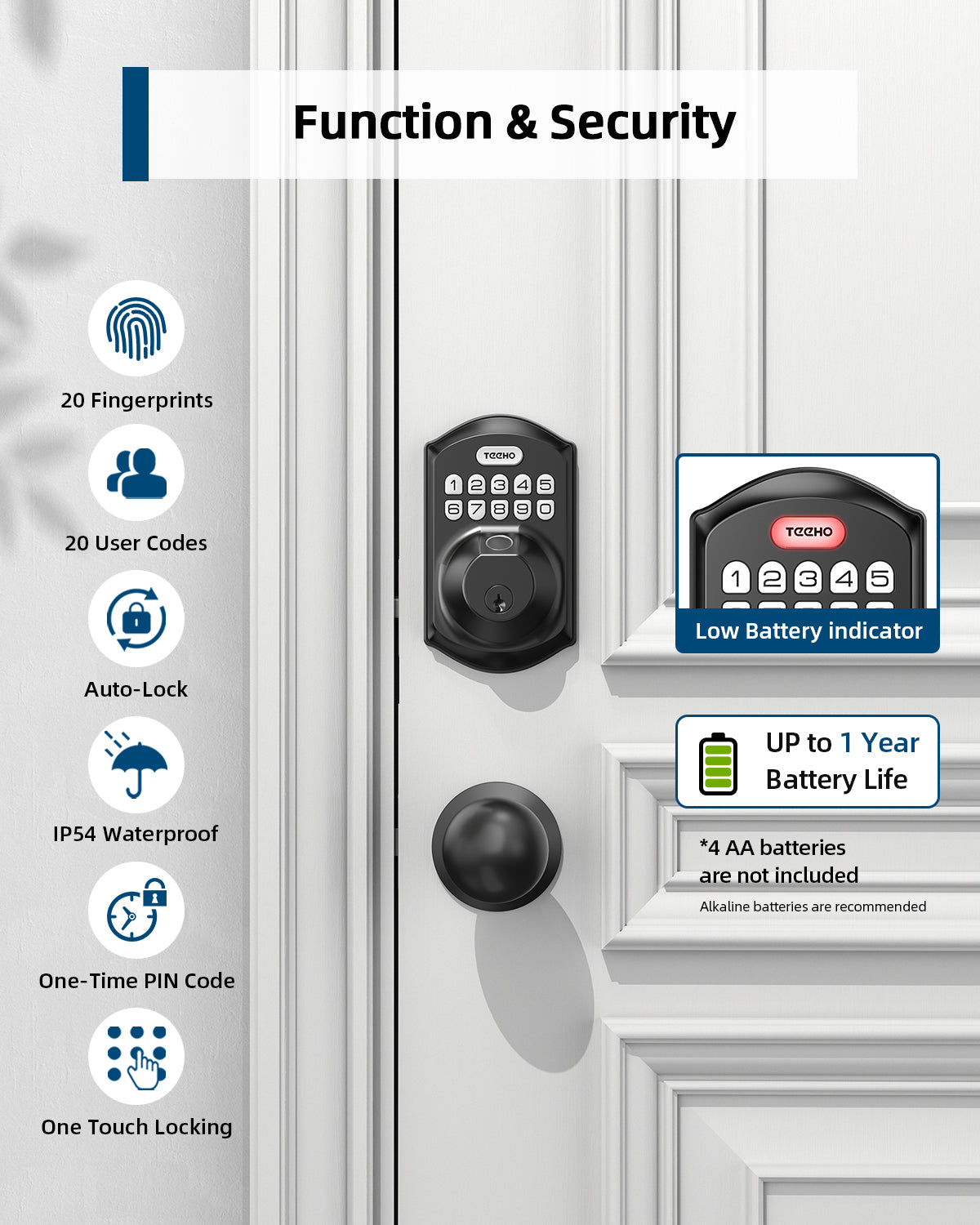 TEEHO TE002K Keypad Deadbolt Set with Fingerprint - Keyless Entry Front Door Lock Set with Fingerprint
