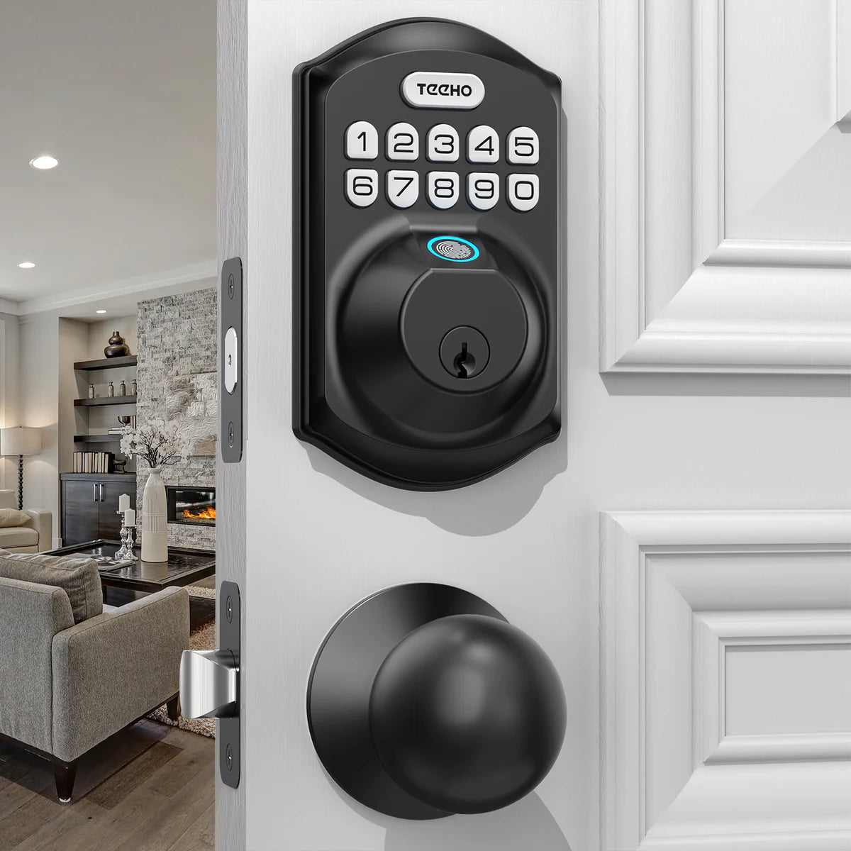 A chic family experiencing the benefits of the TEEHO TE002K Electronic Keypad Deadbolt Fingerprint Door Lock Set as they access their sophisticated home.