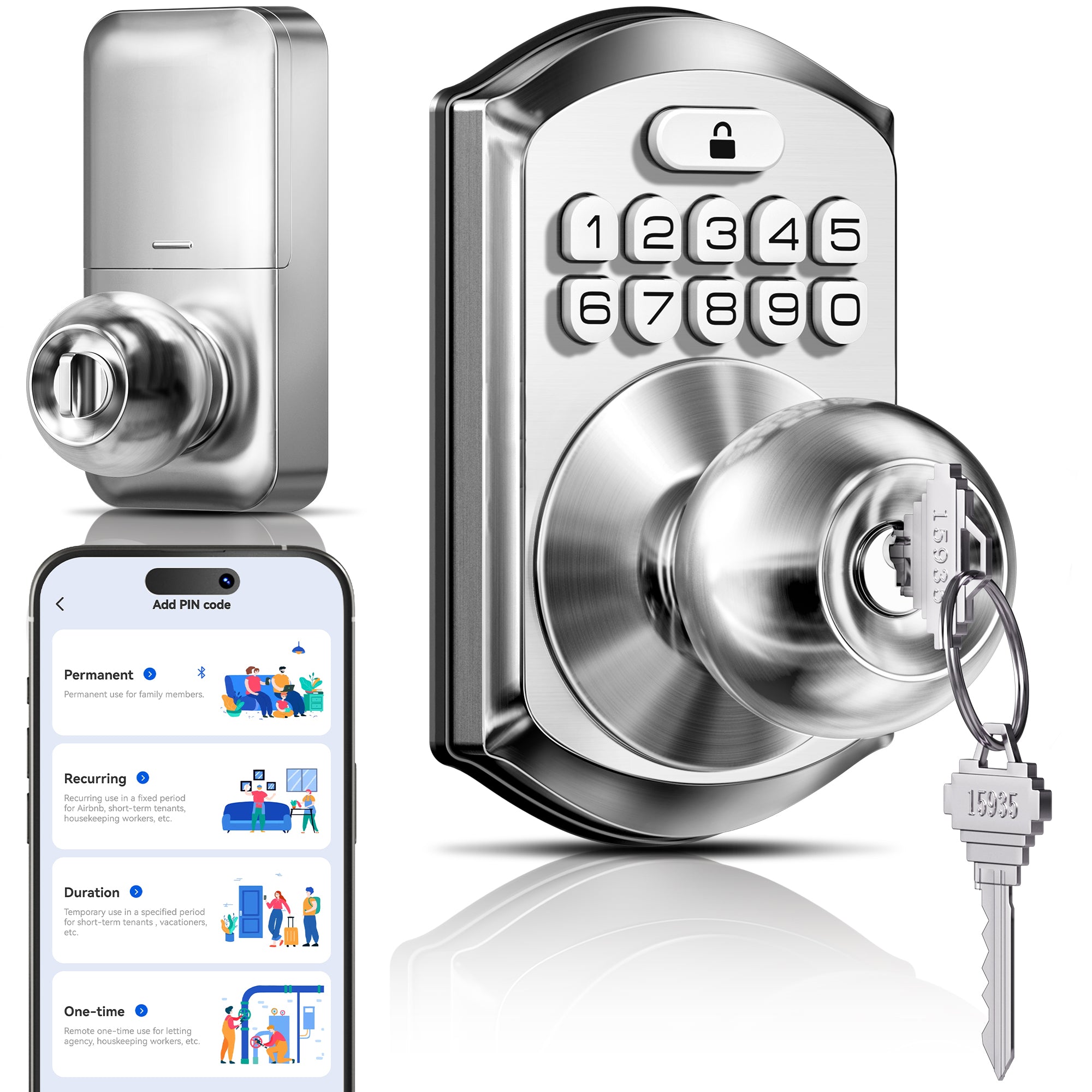 TEEHO TE018 Smart Door Knob with Keypad, App Control, Keyless Entry Digtal Door Lock with Handle, Remote Share One-Time Code, Auto Lock, Easy Installation for Front Door, Bedroom, Rental
