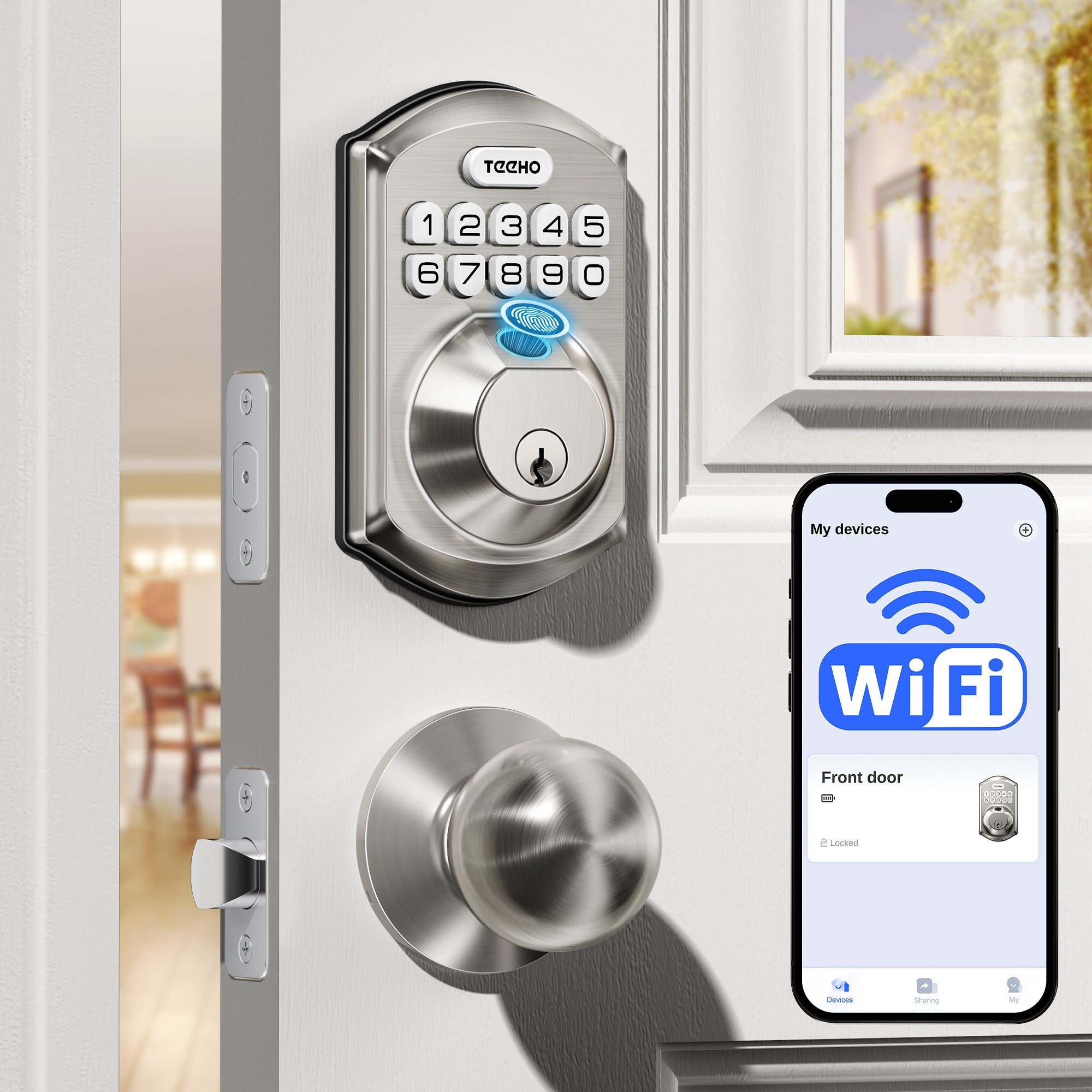 TEEHO TE012W-K WiFi Smart Locks for Front Door, Fingerprint Keyless Entry Door Lock with 2 Knobs, Built-in WiFi and App Remote Control, Electronic Keypad Deadbolt with Handle Set