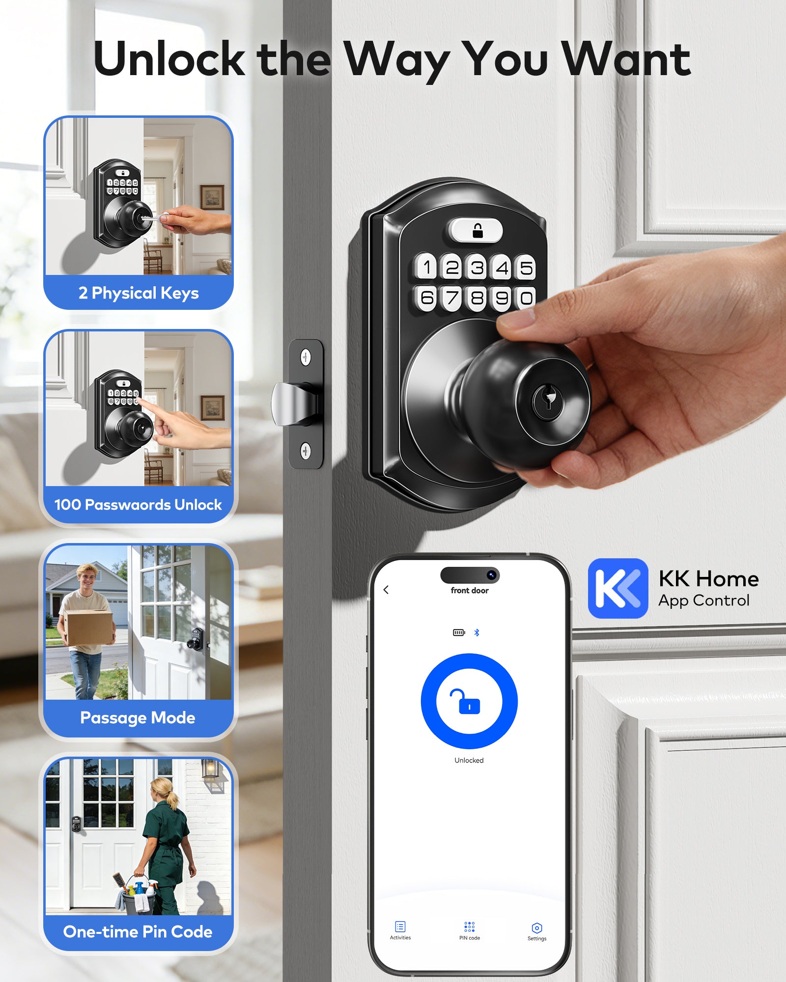 TEEHO TE018 Smart Door Knob with Keypad, App Control, Keyless Entry Digtal Door Lock with Handle, Remote Share One-Time Code, Auto Lock, Easy Installation for Front Door, Bedroom, Rental