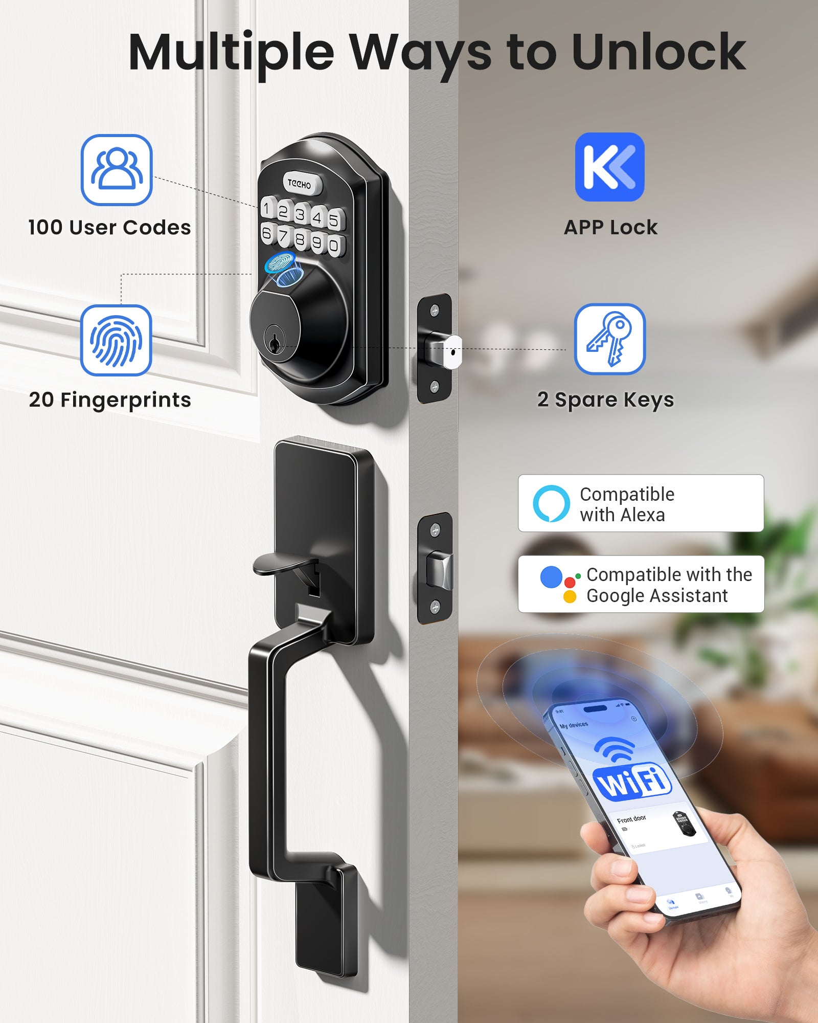 TEEHO WiFi Smart Keyless Entry Door Lock with Handle