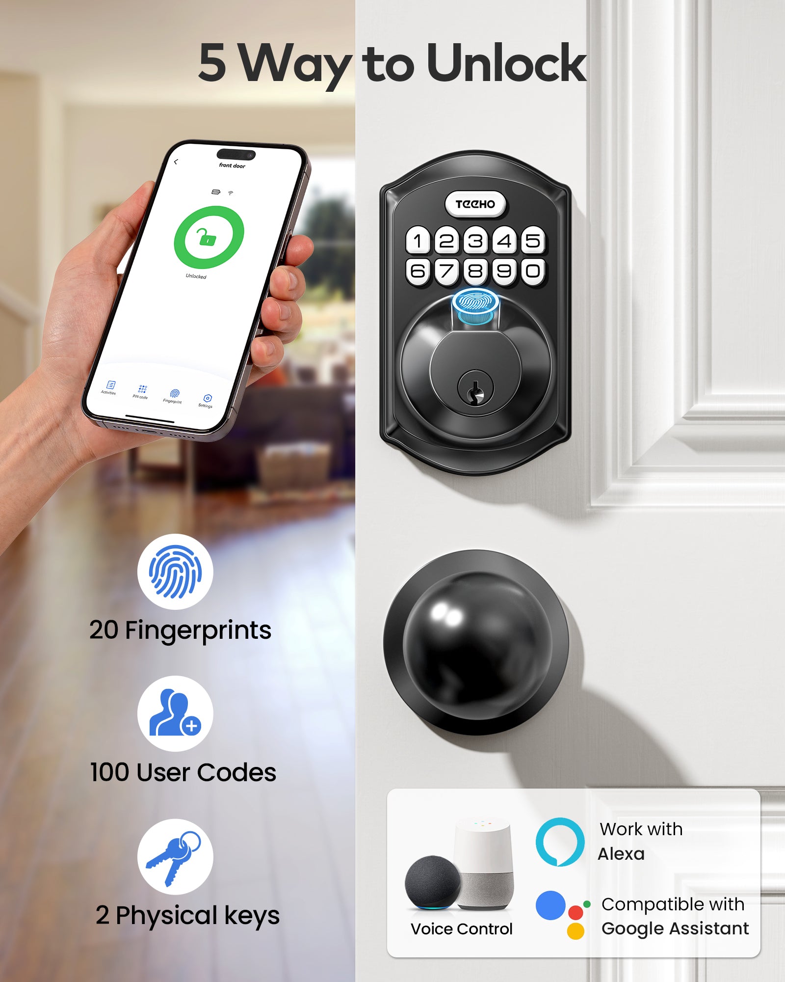 TEEHO TE012W-K WiFi Smart Locks for Front Door, Fingerprint Keyless Entry Door Lock with 2 Knobs, Built-in WiFi and App Remote Control, Electronic Keypad Deadbolt with Handle Set
