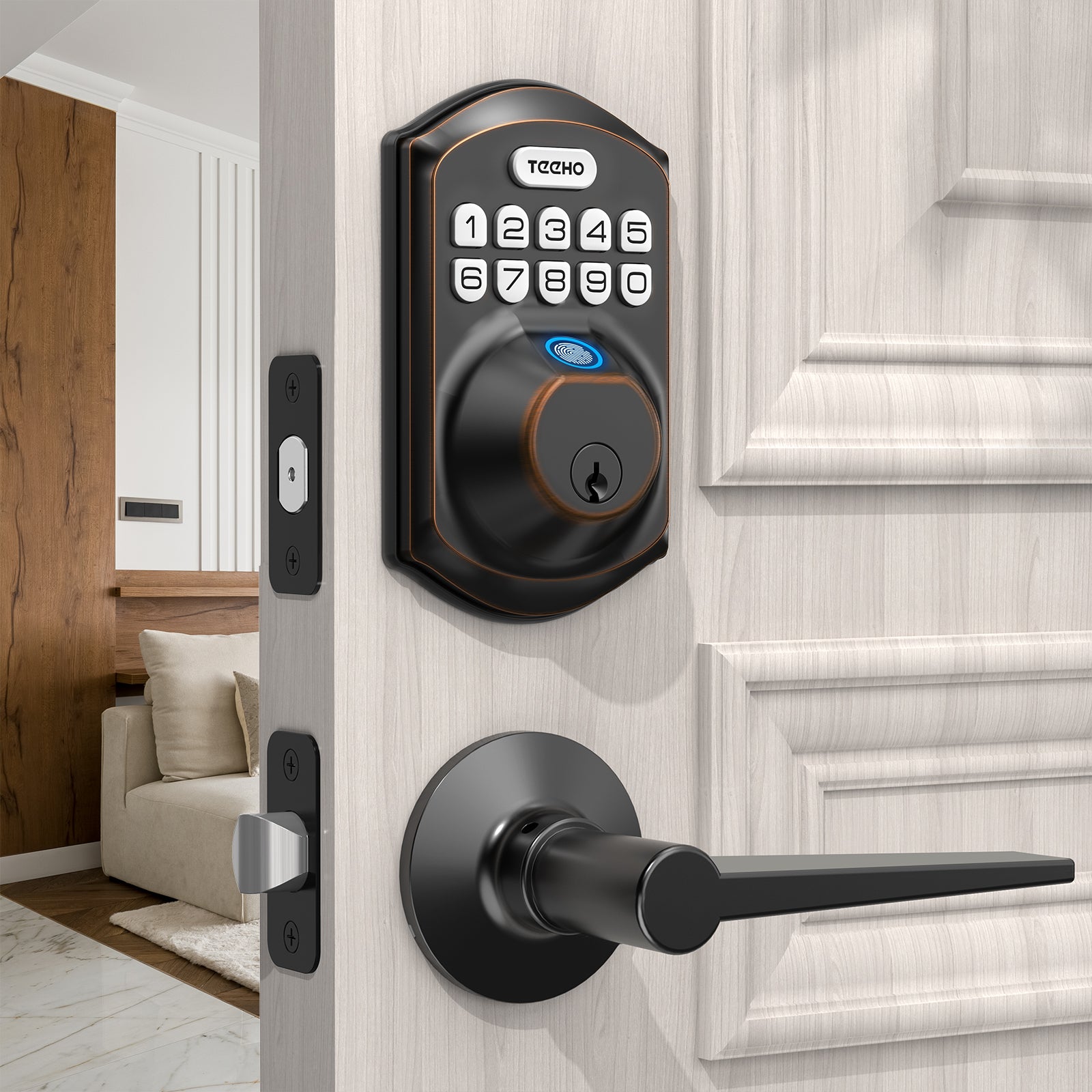 TEEHO TE002L Fingerprint Door Lock with 2 Lever Handle