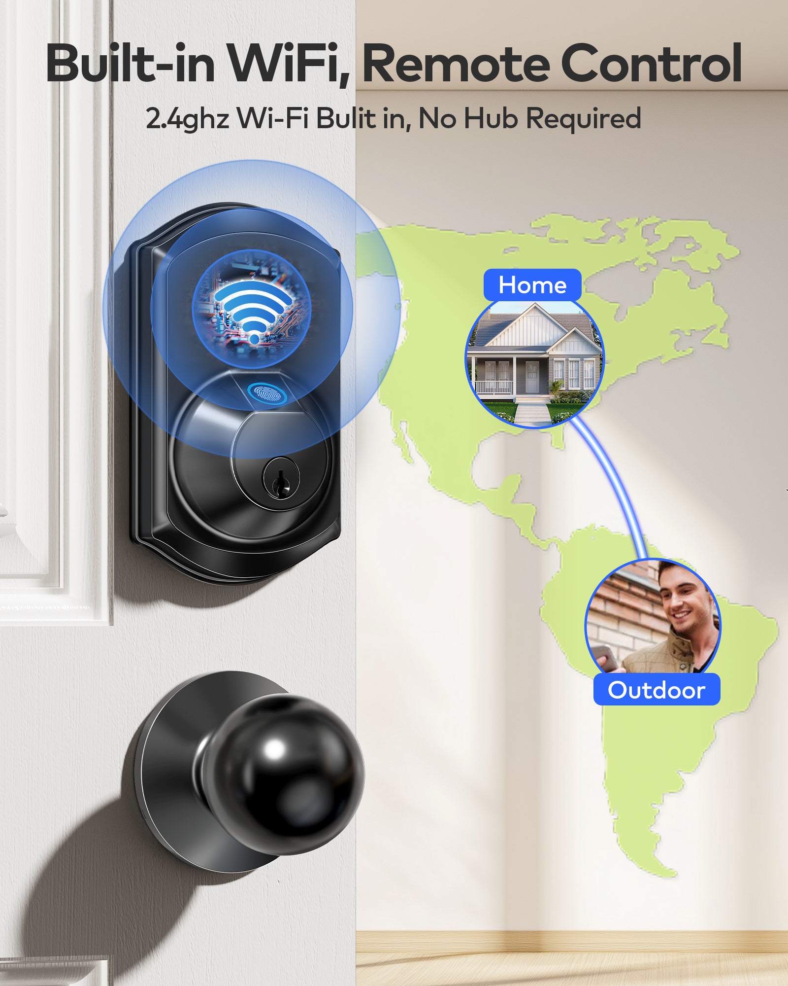 TEEHO TE012W-K WiFi Smart Locks for Front Door, Fingerprint Keyless Entry Door Lock with 2 Knobs, Built-in WiFi and App Remote Control, Electronic Keypad Deadbolt with Handle Set