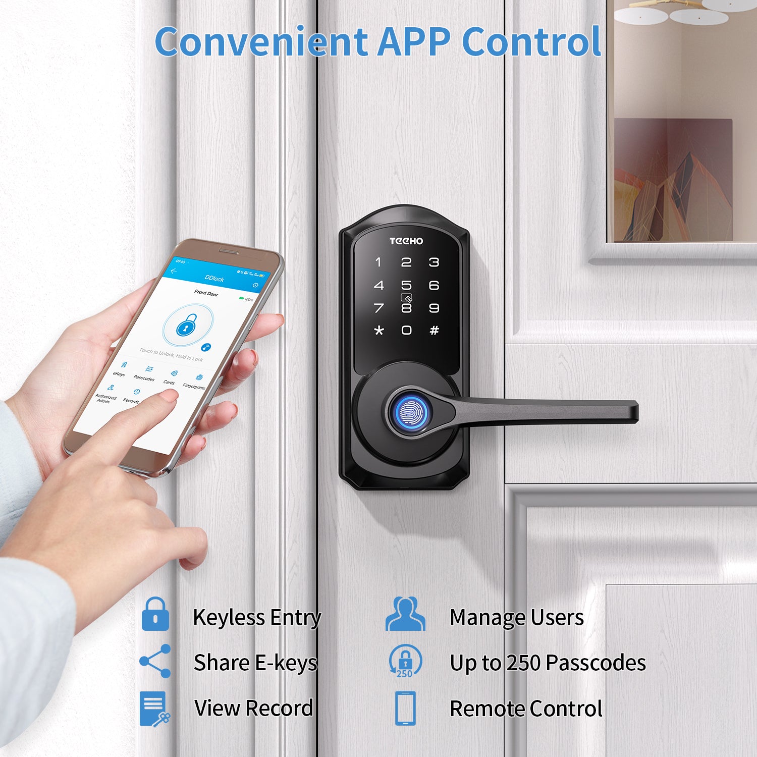 TEEHO TE009 Smart Lock - Keyless Entry Door Lock with Handle - 6-in-1 Fingerprint Smart Door Locks for Front Door