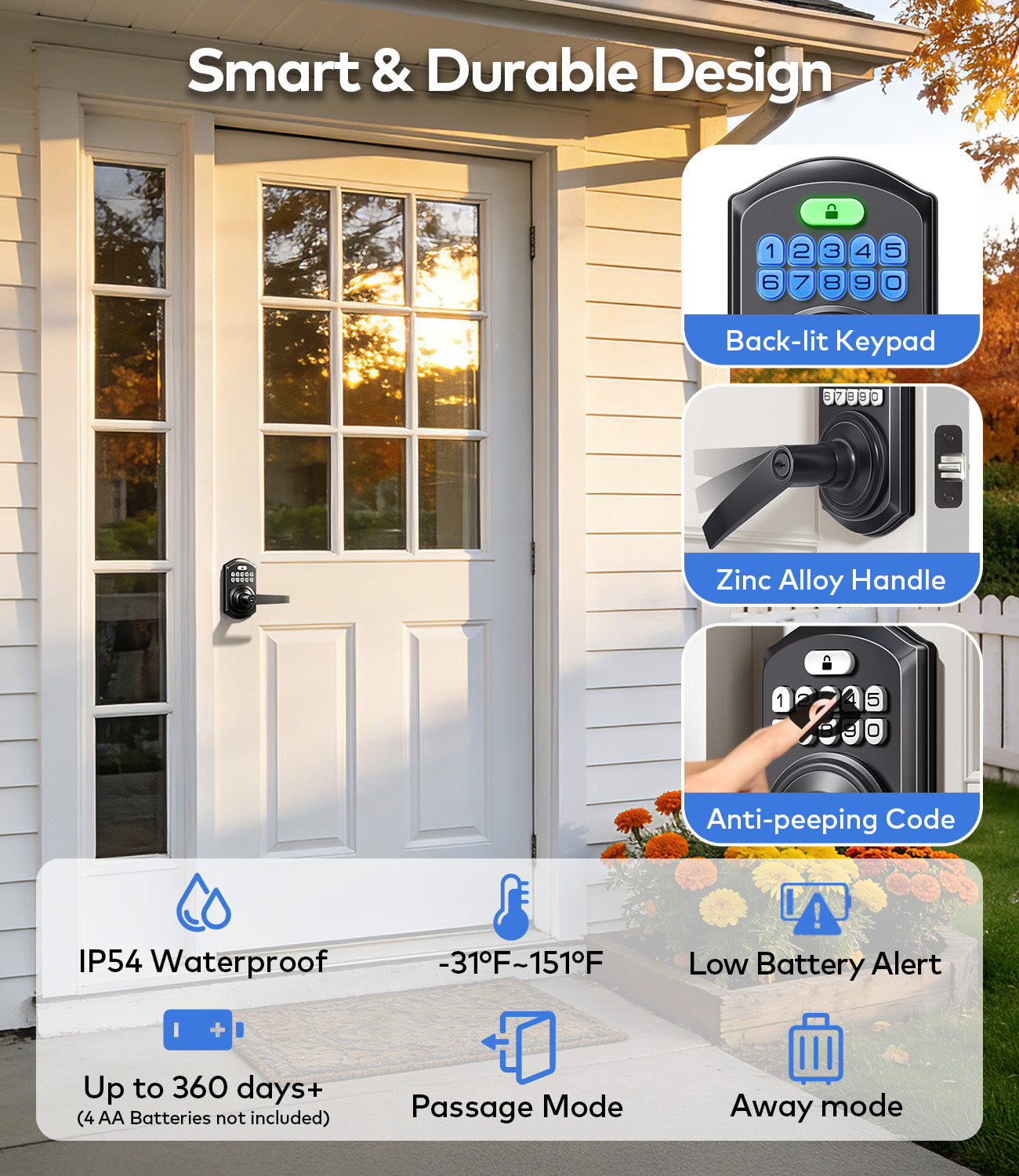 TEEHO TE019 Smart Keyless Entry Door Lock with Handle, App Control, Digital Electronic Keypad, Remote One-Time Code Sharing, Auto Lock & Passage Mode, for Bedroom & Rental