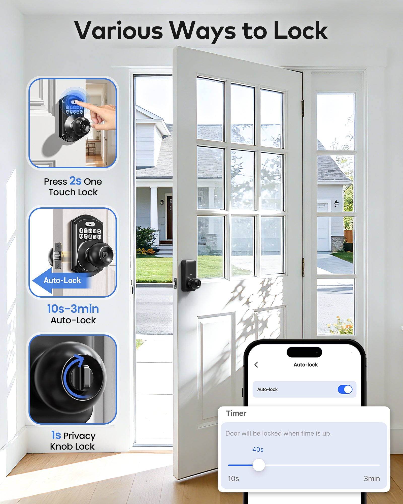 TEEHO TE018 Smart Door Knob with Keypad, App Control, Keyless Entry Digtal Door Lock with Handle, Remote Share One-Time Code, Auto Lock, Easy Installation for Front Door, Bedroom, Rental