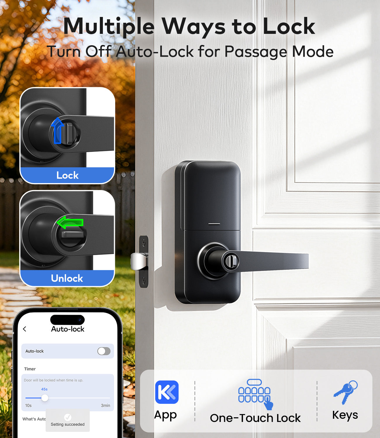 TEEHO TE019 Smart Keyless Entry Door Lock with Handle, App Control, Digital Electronic Keypad, Remote One-Time Code Sharing, Auto Lock & Passage Mode, for Bedroom & Rental