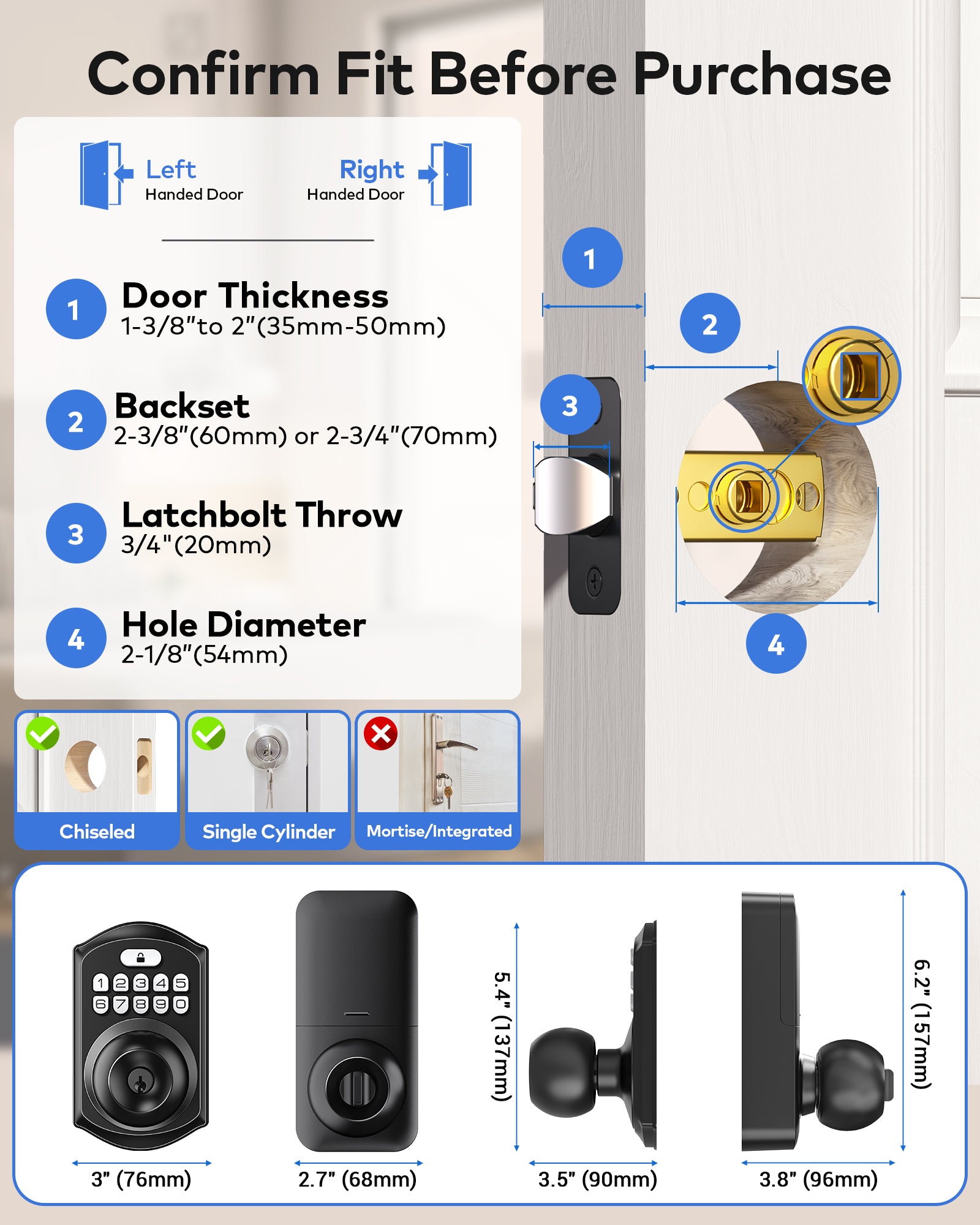 TEEHO TE018 Smart Door Knob with Keypad, App Control, Keyless Entry Digtal Door Lock with Handle, Remote Share One-Time Code, Auto Lock, Easy Installation for Front Door, Bedroom, Rental