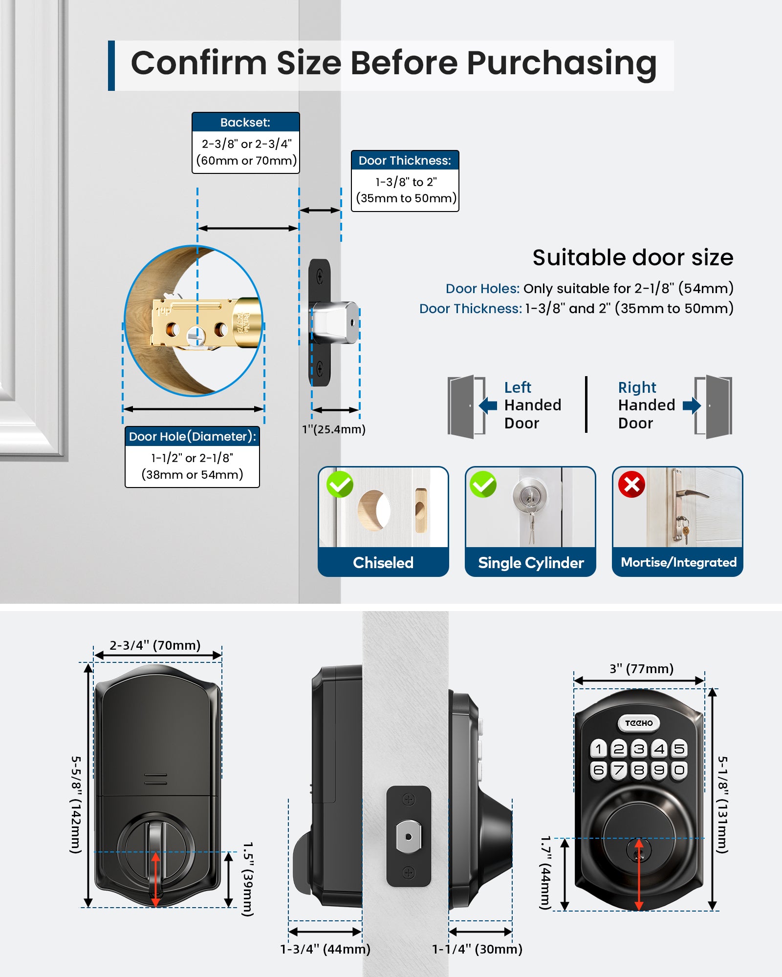TEEHO TE011W Wi-Fi Keyless Entry Door Lock with Keypad - Smart Deadbolt Lock for Front Door with 2 Keys - Remote Control, Works with Alexa & Google, APP Unlock - Easy Installation
