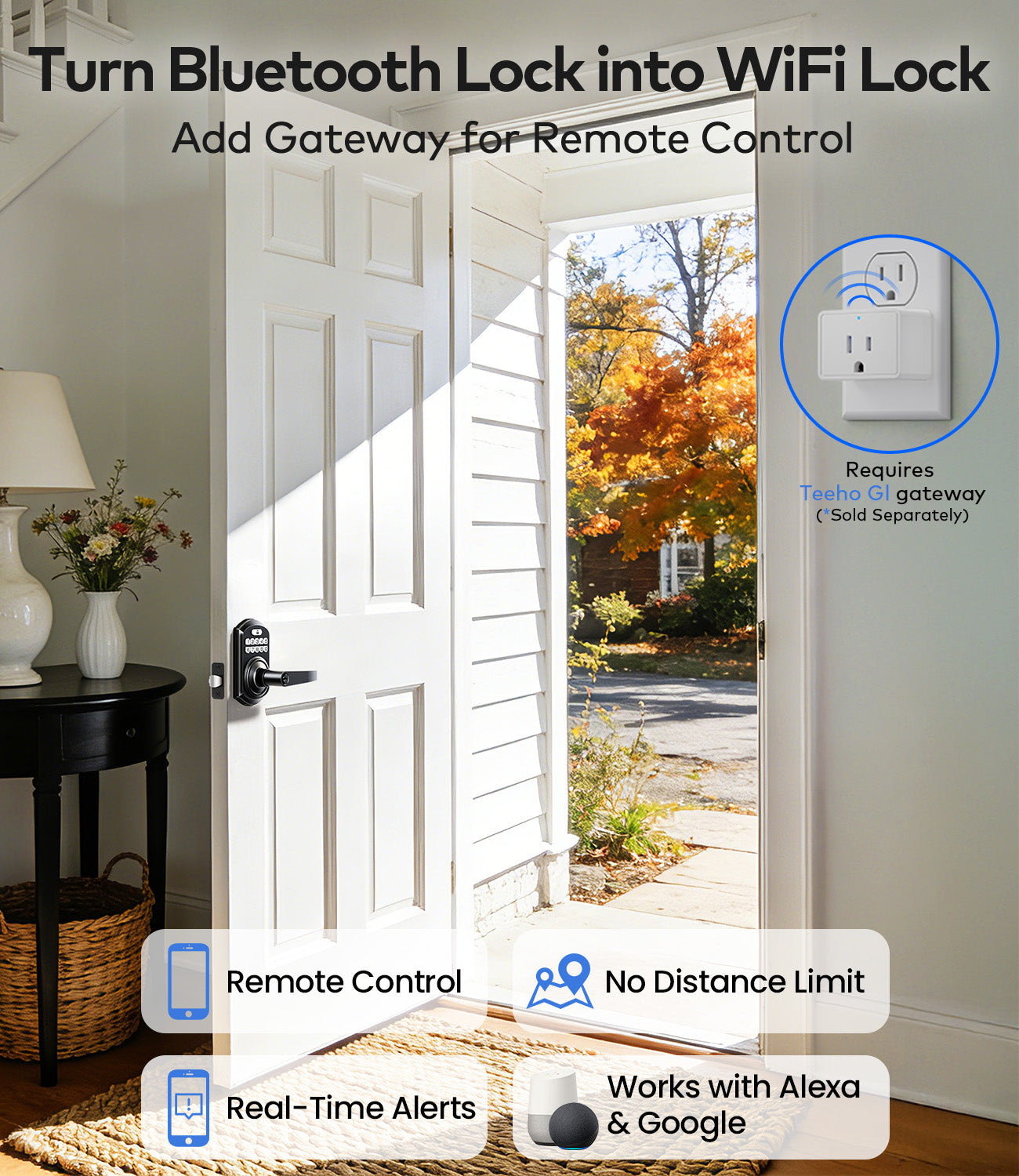 TEEHO TE019 Smart Keyless Entry Door Lock with Handle, App Control, Digital Electronic Keypad, Remote One-Time Code Sharing, Auto Lock & Passage Mode, for Bedroom & Rental