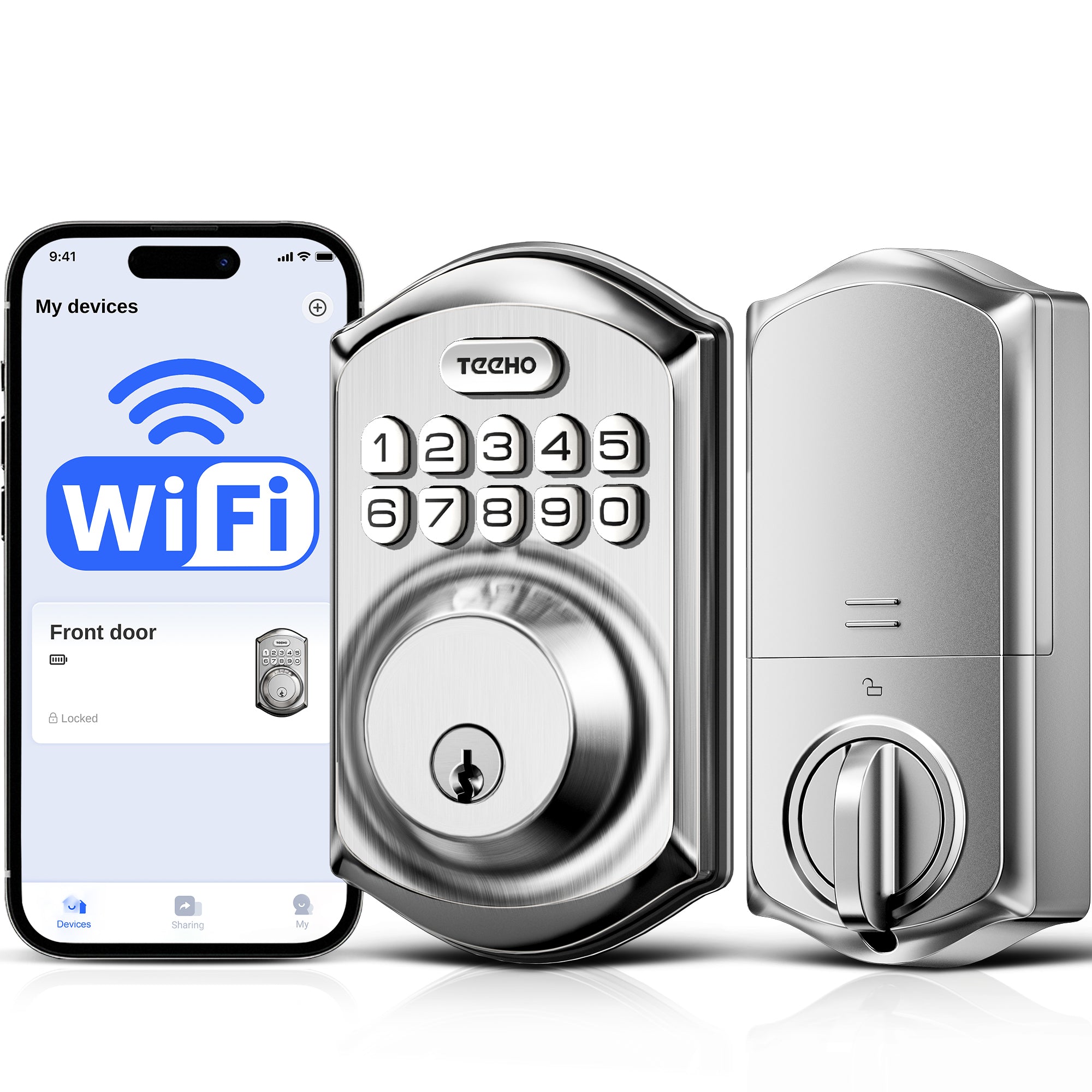 TEEHO TE011W Wi-Fi Keyless Entry Door Lock with Keypad - Smart Deadbolt Lock for Front Door with 2 Keys - Remote Control, Compatible with Alexa & Google, APP Unlock - Easy Installation - Satin Nickel