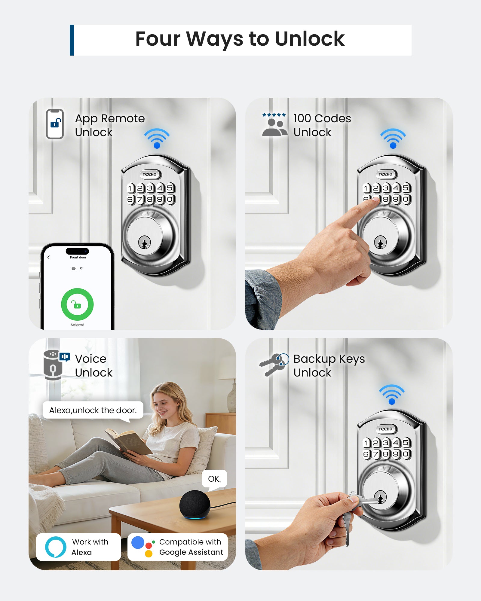 TEEHO TE011W Wi-Fi Keyless Entry Door Lock with Keypad - Smart Deadbolt Lock for Front Door with 2 Keys - Remote Control, Compatible with Alexa & Google, APP Unlock - Easy Installation - Satin Nickel
