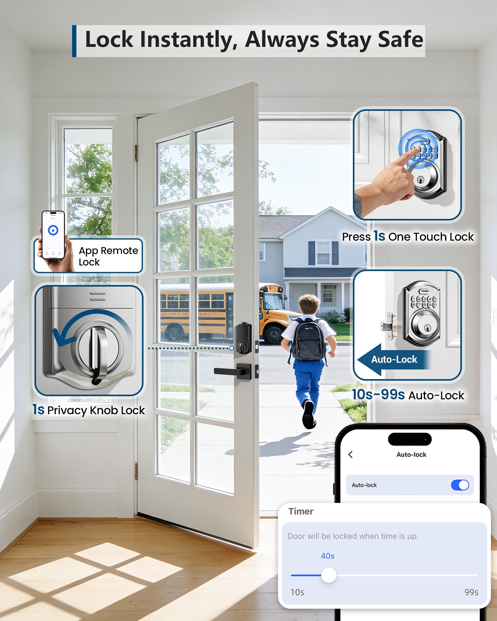 TEEHO TE011W Wi-Fi Keyless Entry Door Lock with Keypad - Smart Deadbolt Lock for Front Door with 2 Keys - Remote Control, Compatible with Alexa & Google, APP Unlock - Easy Installation - Satin Nickel