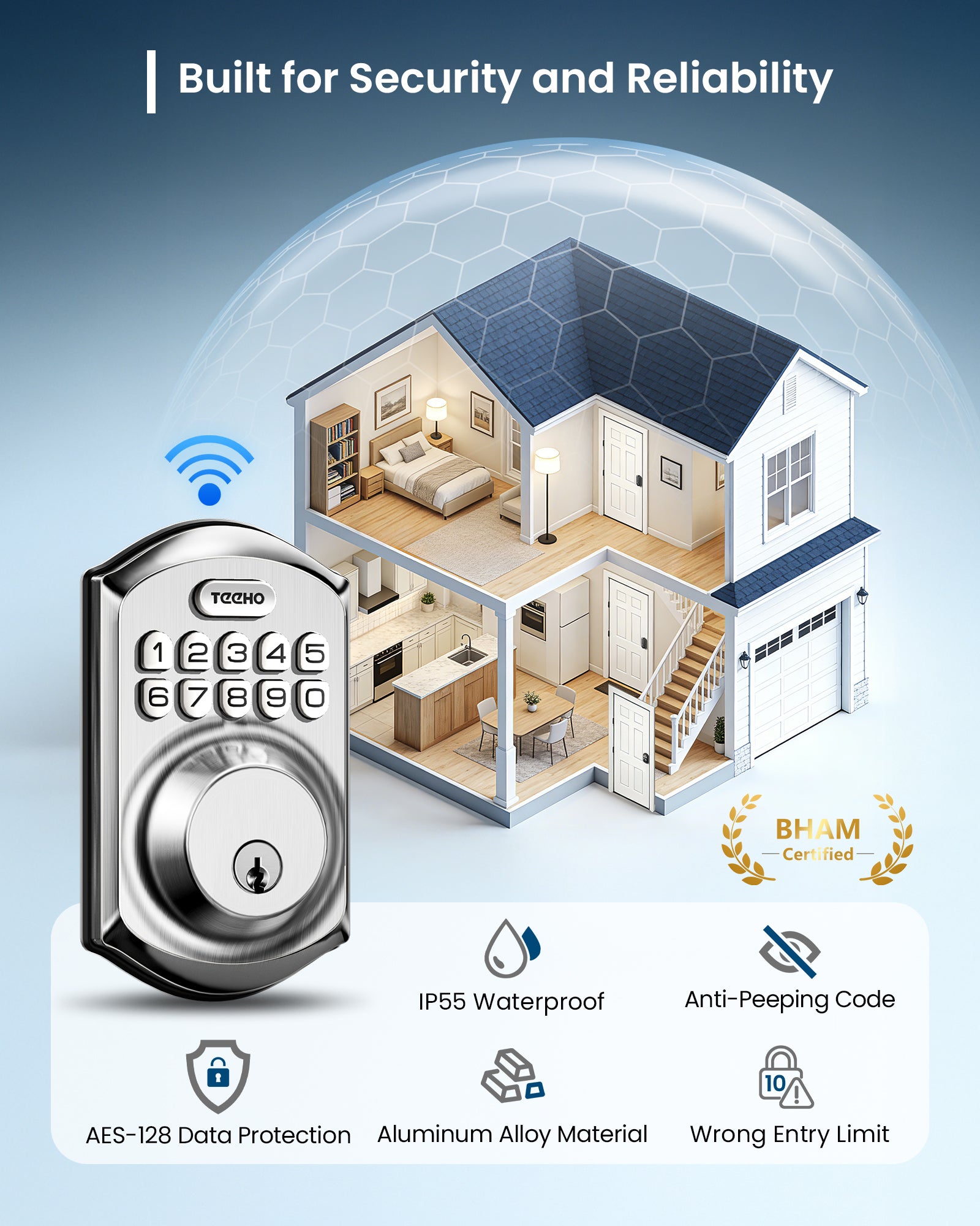 TEEHO TE011W Wi-Fi Keyless Entry Door Lock with Keypad - Smart Deadbolt Lock for Front Door with 2 Keys - Remote Control, Compatible with Alexa & Google, APP Unlock - Easy Installation - Satin Nickel