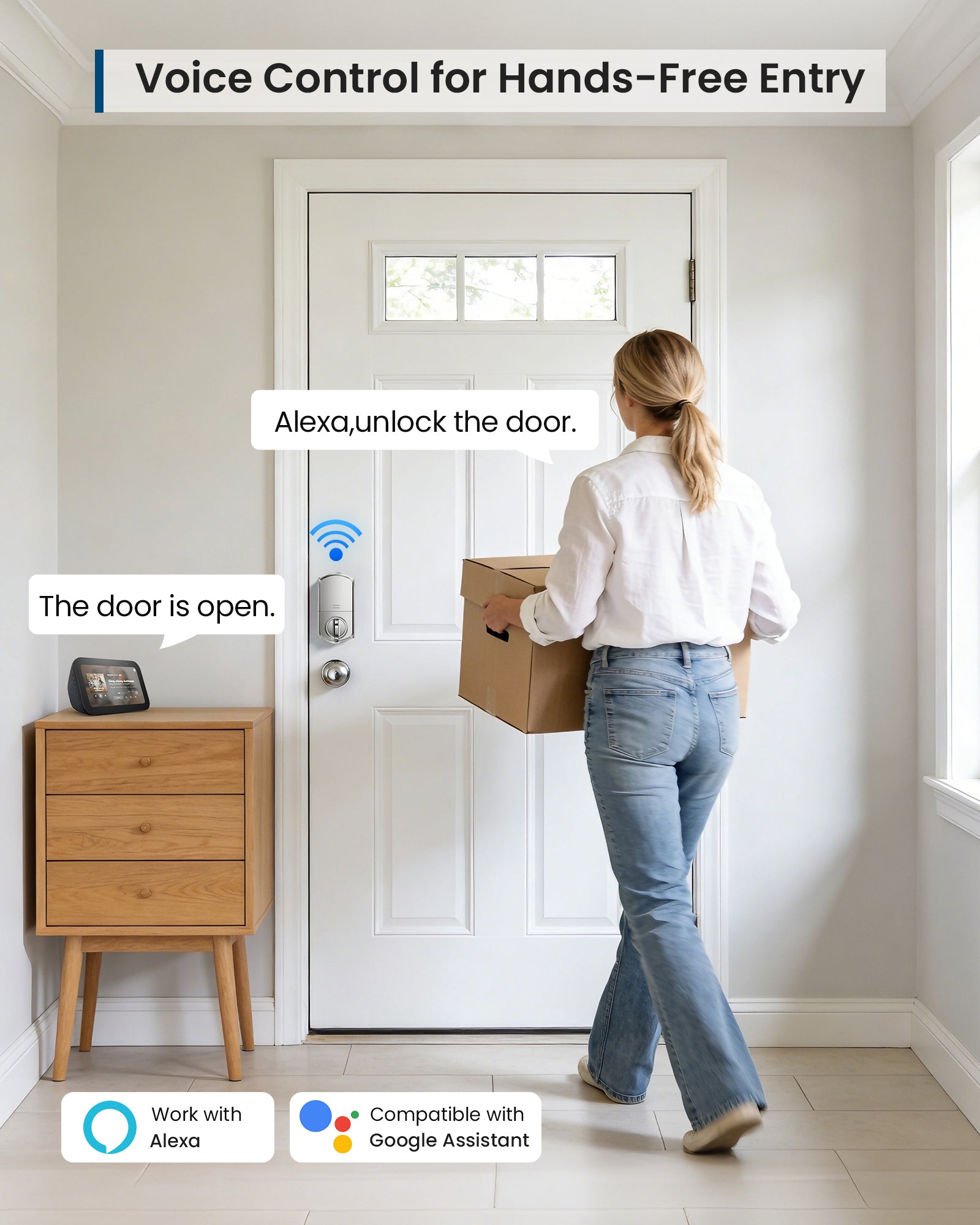 TEEHO TE011W Wi-Fi Keyless Entry Door Lock with Keypad - Smart Deadbolt Lock for Front Door with 2 Keys - Remote Control, Compatible with Alexa & Google, APP Unlock - Easy Installation - Satin Nickel